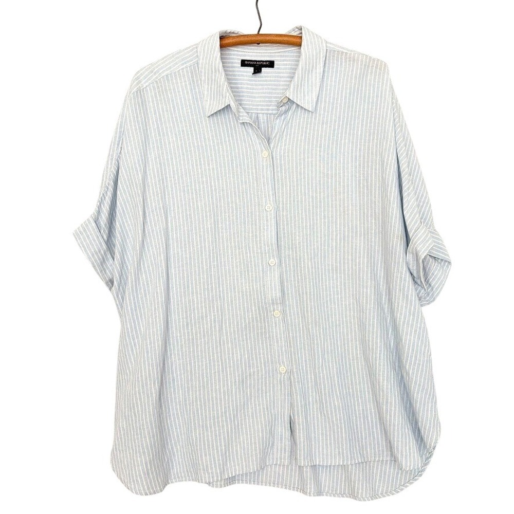 Banana Republic Shirt XL Italian Linen Blend Short Sleeve Top Striped Blue